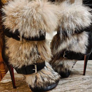 Christian Louboutin Black Leather Toundra Fur Boots-LIKE NEW